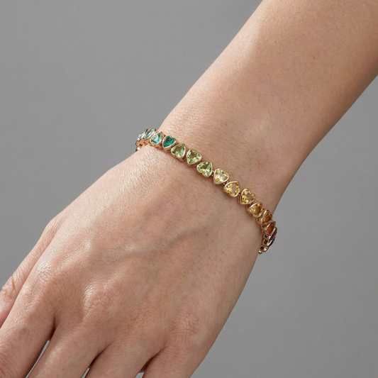 Heart-Cut Rainbow Gemstone 14K Yellow Gold Tennis Bracelet