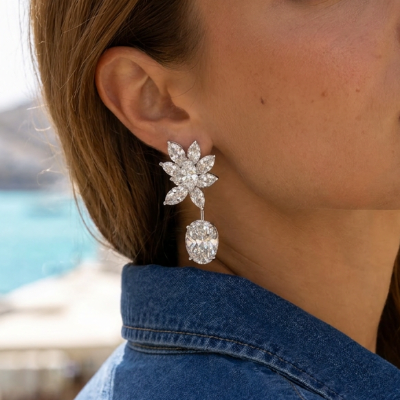 Floral Marquise & Cushion Cut Lab Diamond Drop Earrings