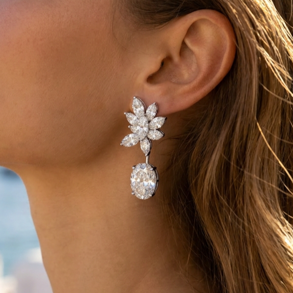 Floral Marquise & Cushion Cut Lab Diamond Drop Earrings