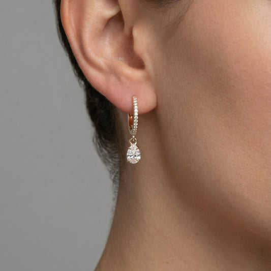 Pave Teardrop Dangle Hoop Earrings in 14K Yellow Gold