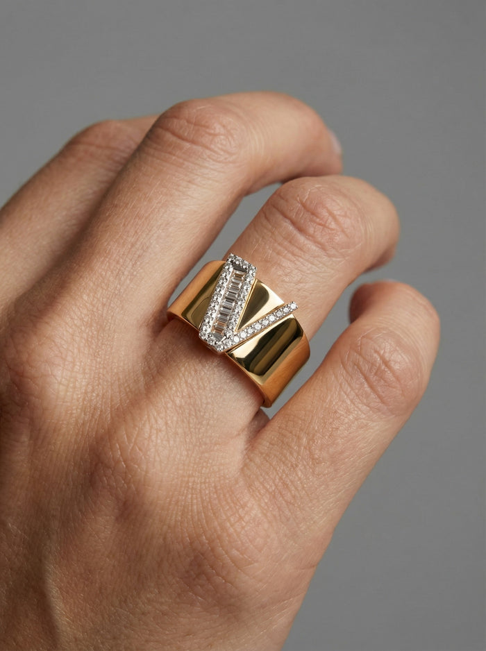 V Initial Baguette Diamond Cigar Ring