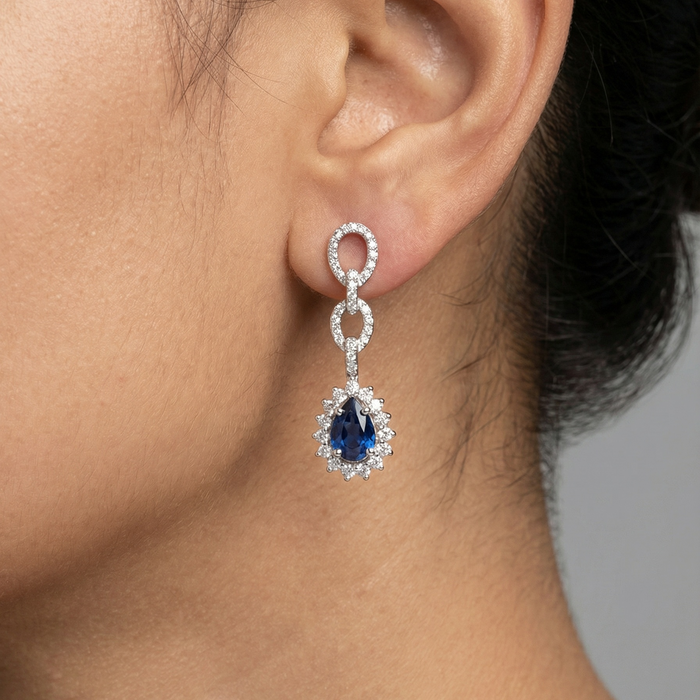 Midnight Reign Blue Sapphire Diamond Drop Earrings in 18K White Gold