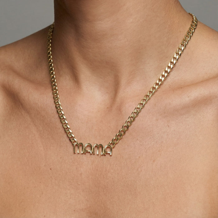 Cuban Chain Letter Mama Necklace in 14K Yellow Gold