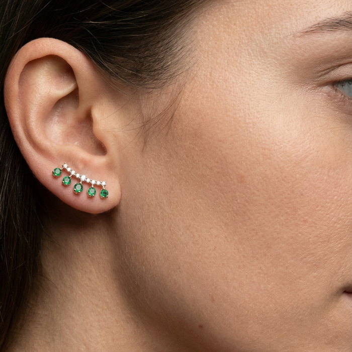 Emerald Teardrop Diamond Climber Earrings in 14K Yellow Gold