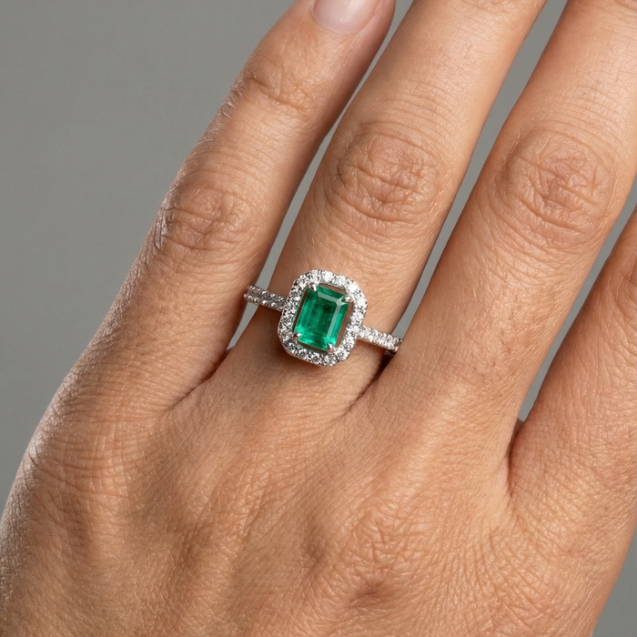 Emerald Poise Diamond Halo Ring in 18K White Gold