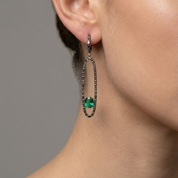 Blackened Oval Drop Green Emerald Earrings in 18K White Gold