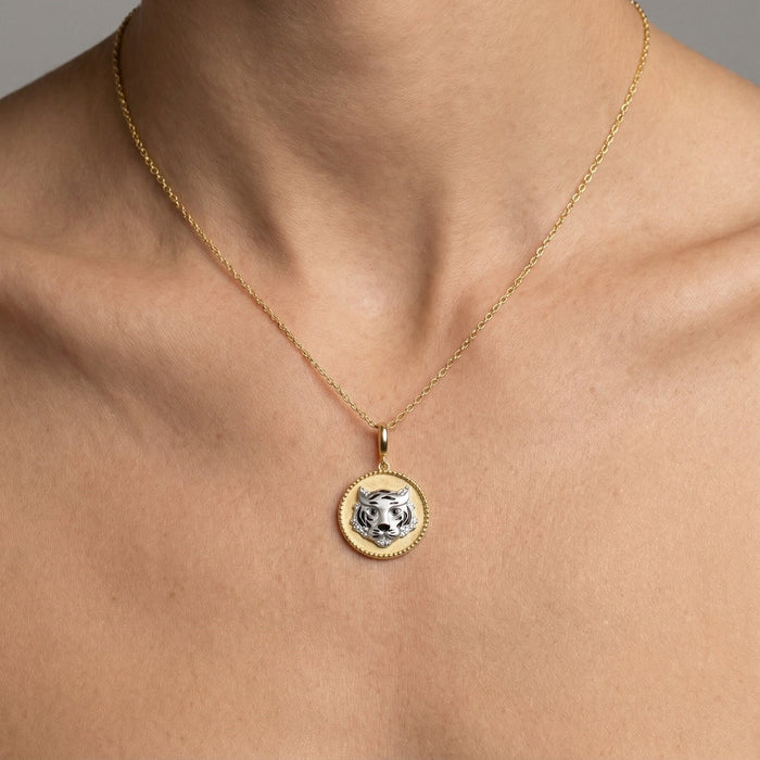 Tiger Medallion Pendant Necklace in 14K Yellow Gold