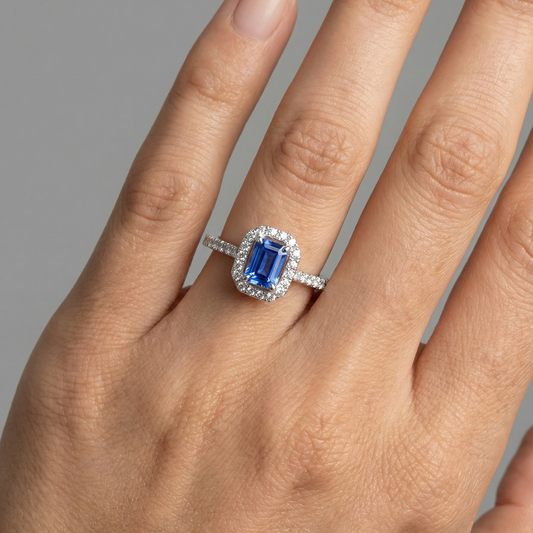Midnight Elegance Blue Sapphire Halo Ring in 18K White Gold