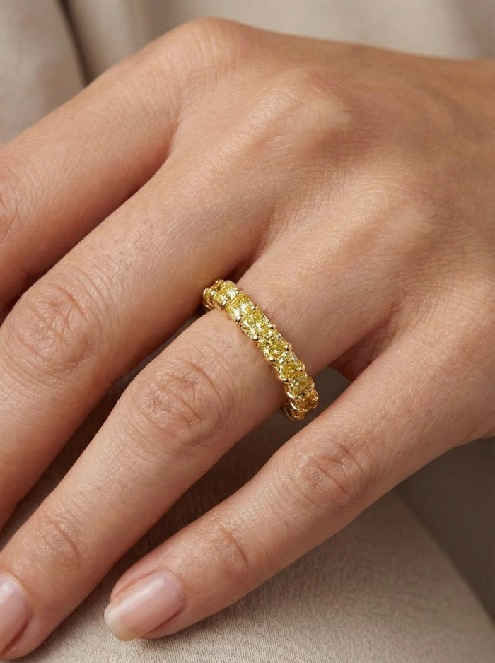 Cushion Cut Yellow Diamond Eternity Band Ring in 14K Yellow Gold