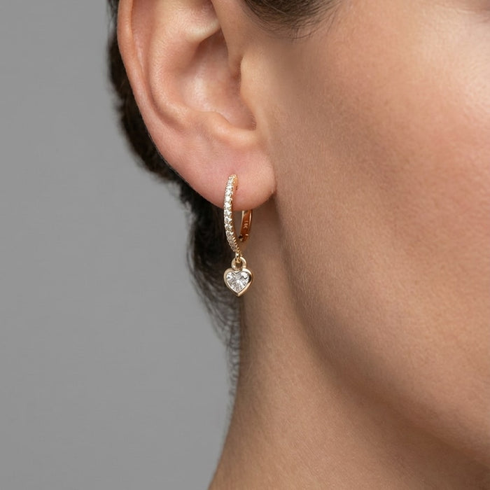 Diamond Heart Drop Huggie Hoop Earrings in 14K Yellow Gold