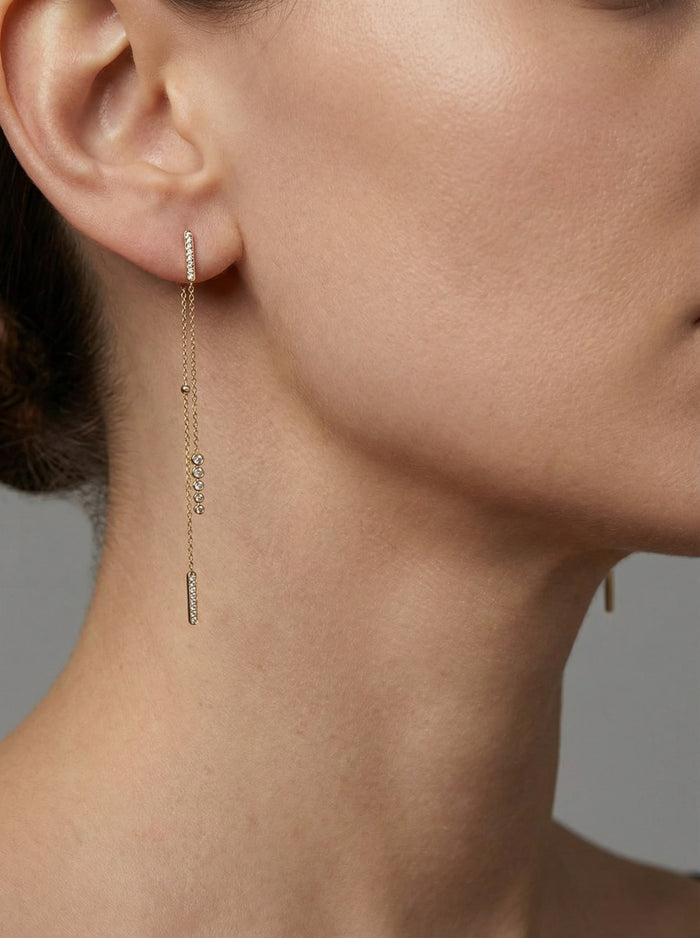Pave Bars Double Chain Drop Earrings in 14K Yellow Gold