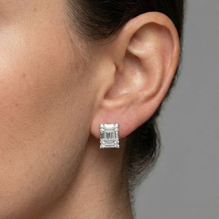 Princess Cut Illusion Diamond Stud Earrings in 18K White Gold