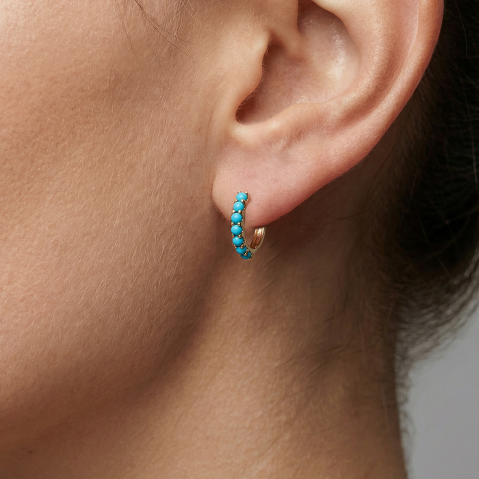 Turquoise Bead Huggie Hoop Earrings in 14K Yellow Gold