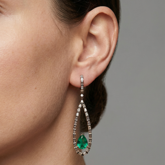 Green Emerald Drop Black Finish Earrings in 18K Yellow Gold