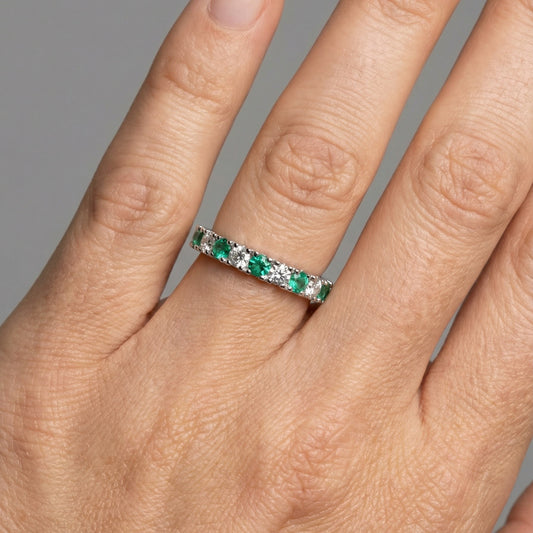 Verdant Line Emerald & Diamond Eternity Band Ring in 18K White Gold