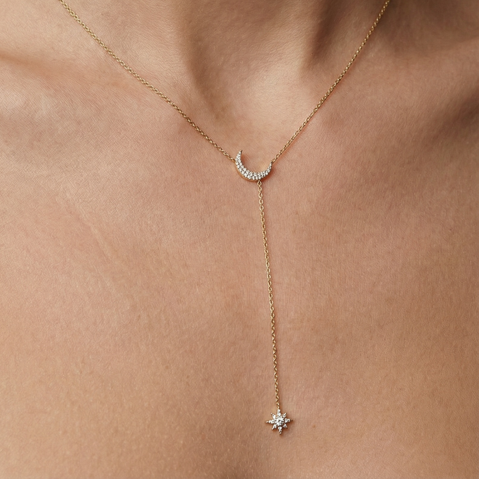 Lustre Moon Diamond Lariat Necklace in 14K Yellow Gold