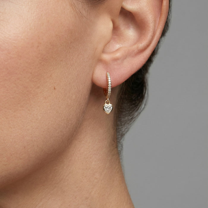 Diamond Heart Drop Huggie Hoop Earrings in 14K Yellow Gold