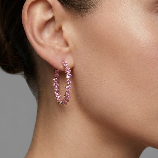 Pink Sapphire Mixed Cut Hoop Earrings in 14K Yellow Gold