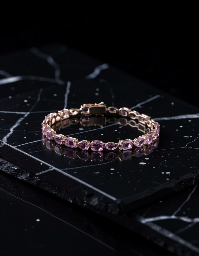 Exquisite Pink Sapphire 14K Yellow Gold Tennis Bracelet