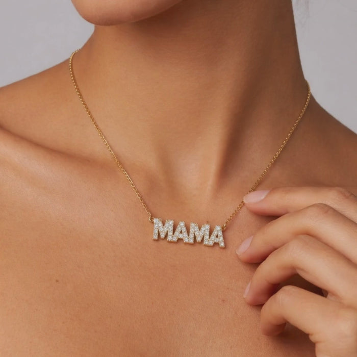 Mama Block Diamond Necklace in 14K Yellow Gold
