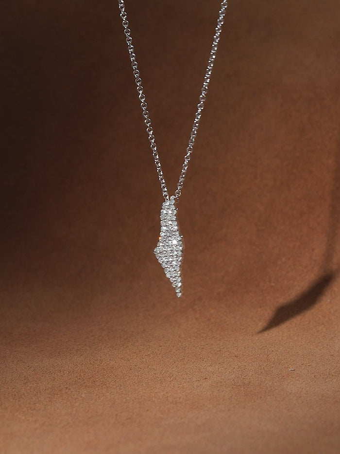 Diamond Israel Map Style Necklace in 14K White Gold