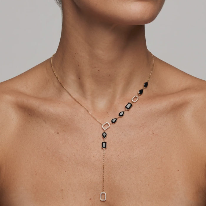 Black Onyx Diamond Lariat Necklace in 14K Yellow Gold