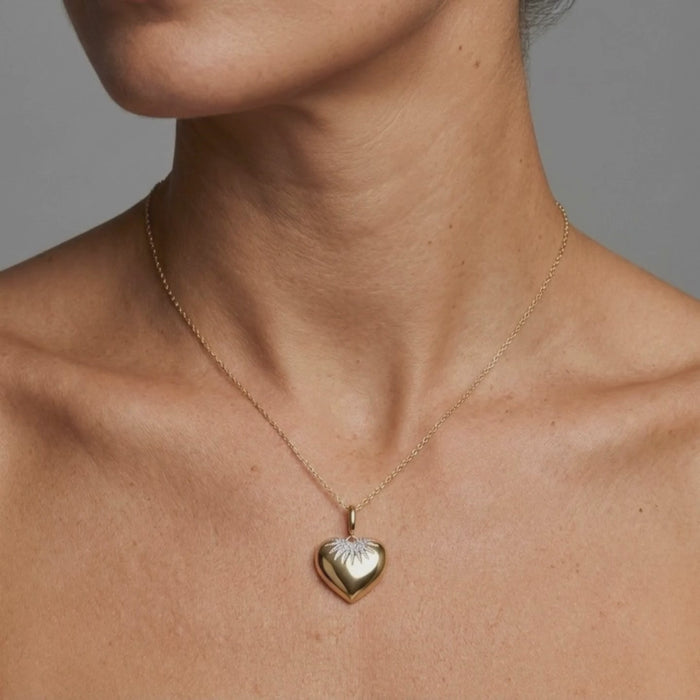Diamond Fluted Heart Pendant Necklace in 14K Yellow Gold