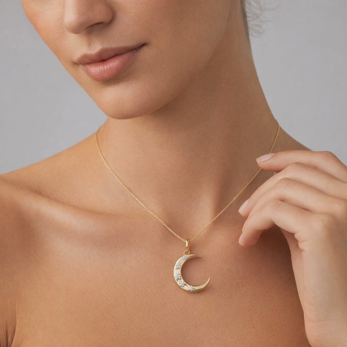 Five Diamond Moon Pendant Necklace in 14K Yellow Gold