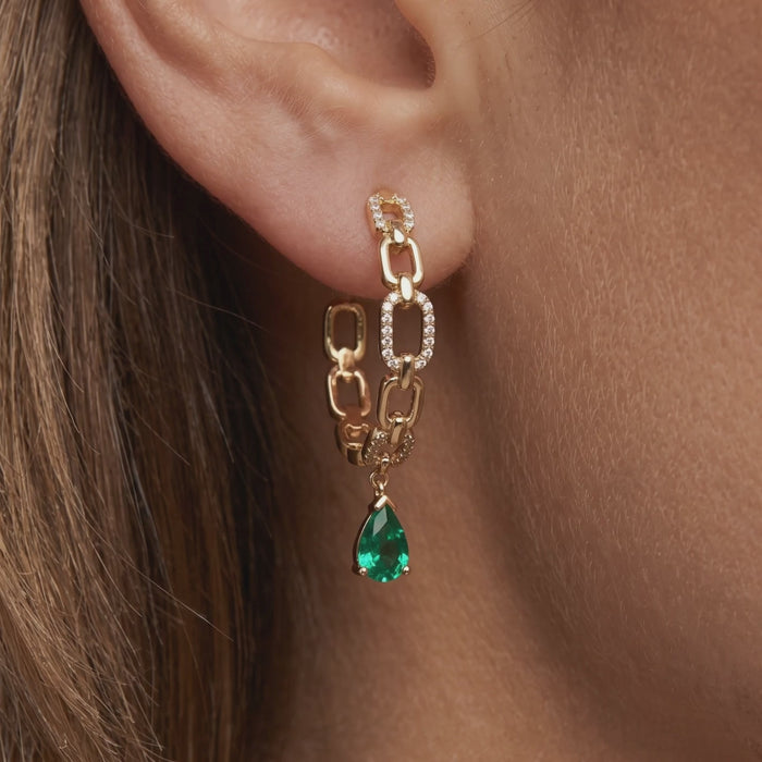 Emerald Diamond Chain Link Hoop Earrings in 14K Yellow Gold