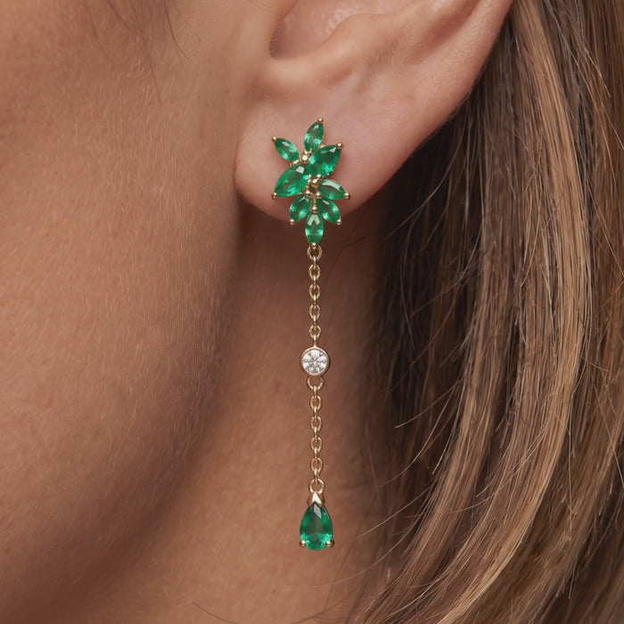 Green Sapphire Diamond Earrings in 14K Yellow Gold