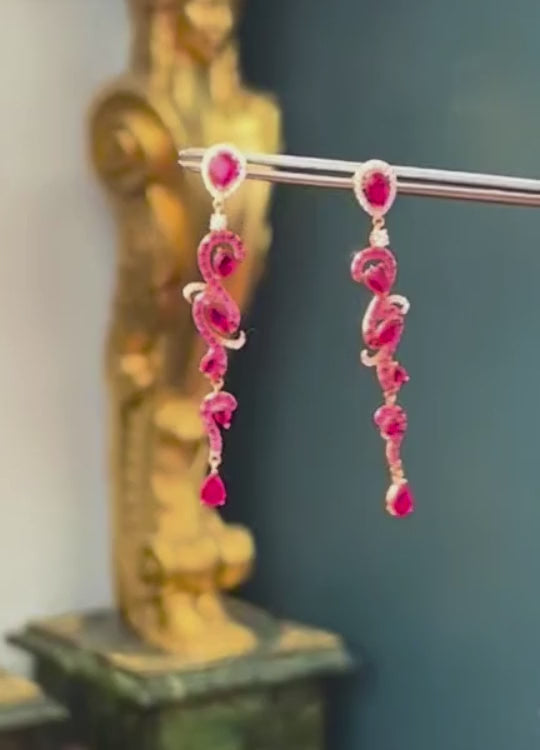 Ruby Drop Dangle Intricate Earrings in 18K Rose Gold