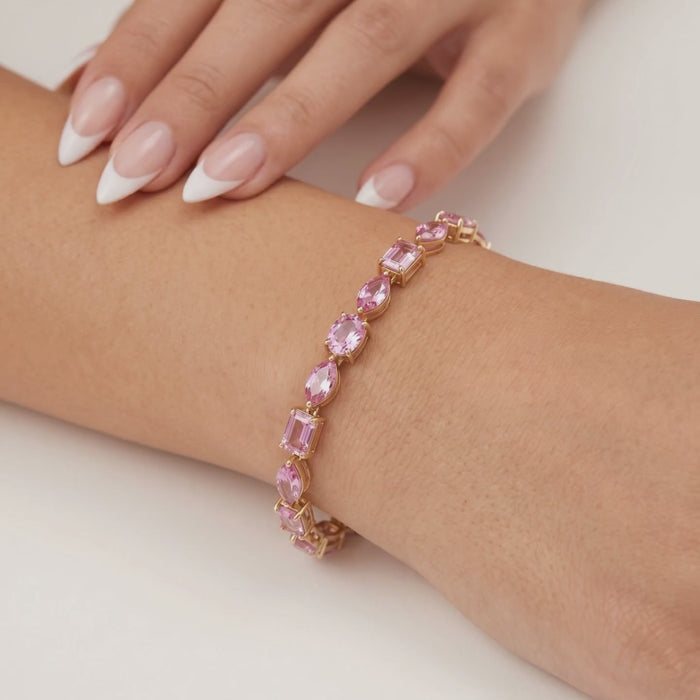 Exquisite Pink Sapphire 14K Yellow Gold Tennis Bracelet