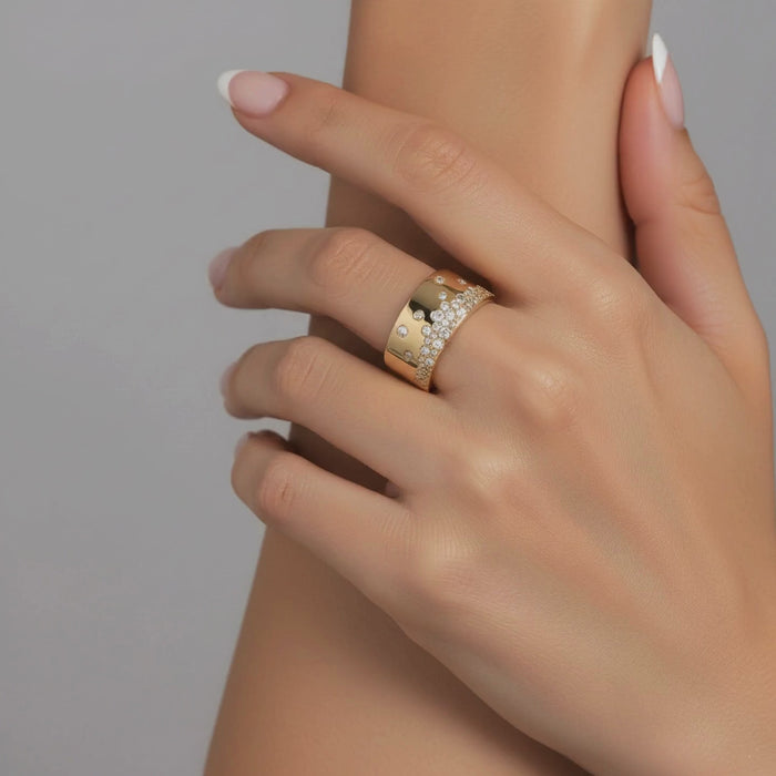 Wide Band Scattered Diamond Ring in 14K Yellow Gold
