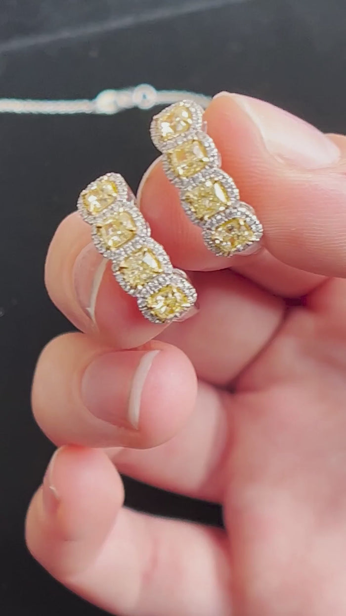Cushion Cut 18K Yellow Diamond Huggie Hoop Earrings