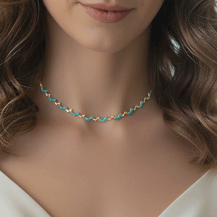 Turquoise Marquise Leaf Motif Necklace in 14K Yellow Gold