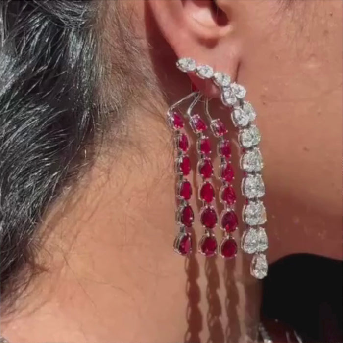 Ruby Red & White 14K White Gold Drop Earrings