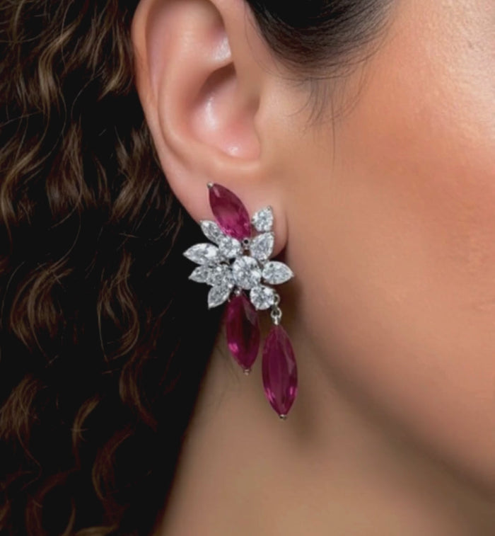 Marquise Ruby Diamond Floral Drop Earrings in 18K White Gold