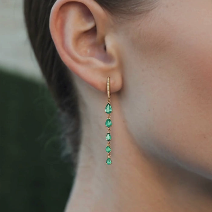 Graduated Pear Cut Emeralds Long Drop Earrings in 14K Gold