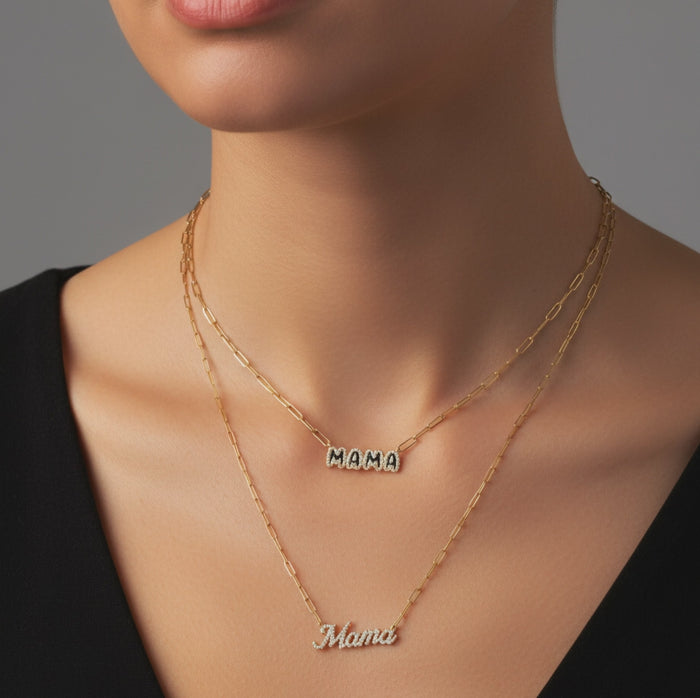 Mama Script Pave Diamond Pendant Necklace in 14K Yellow Gold