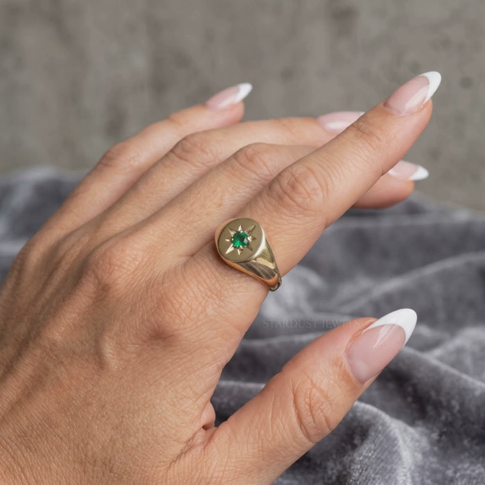 Emerald Compass 14K Gold Signet Ring