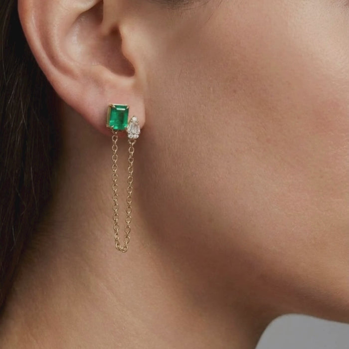 Emerald Cascade Diamond Chain Earrings in 14K Yellow Gold