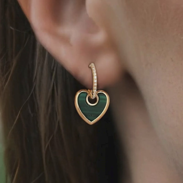 Green Malachite Heart Diamond 14K (or 18k upon request) Yellow Gold Drop Earrings