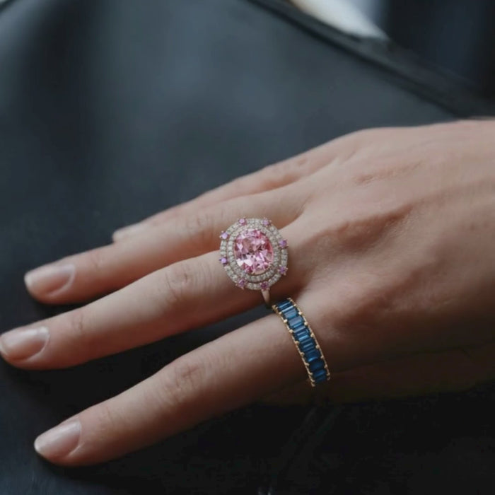 Oval Pink Sapphire Diamond Double Halo Cocktail Ring in 14K Yellow Gold