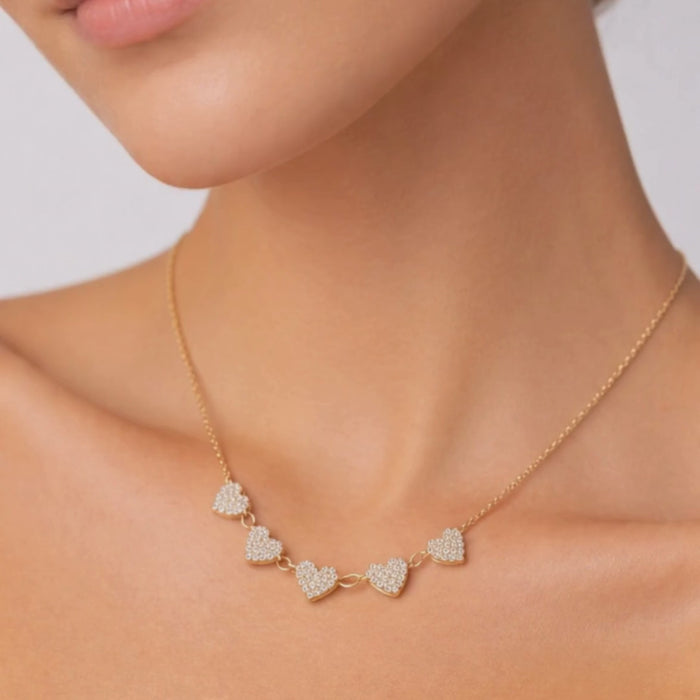 Five Pave Hearts Diamond Necklace in 14K Yellow Gold