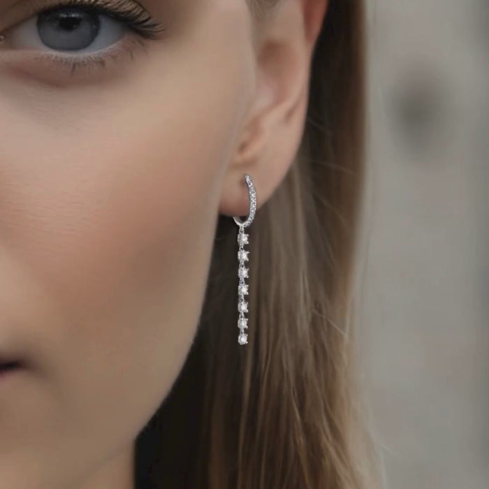 Diamond Huggie Chain Drop Earrings in 14K White Gold