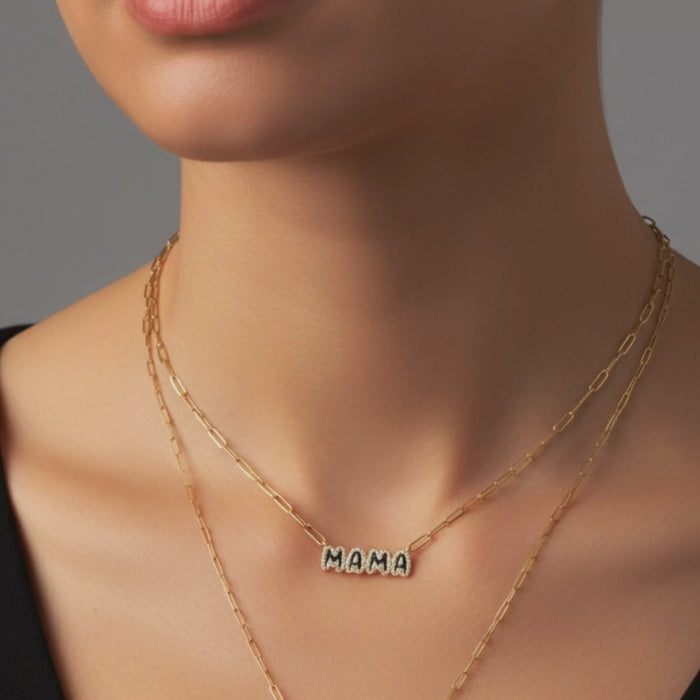 Mama Letter Pendant Diamond Paperclip Necklace in 14K Gold