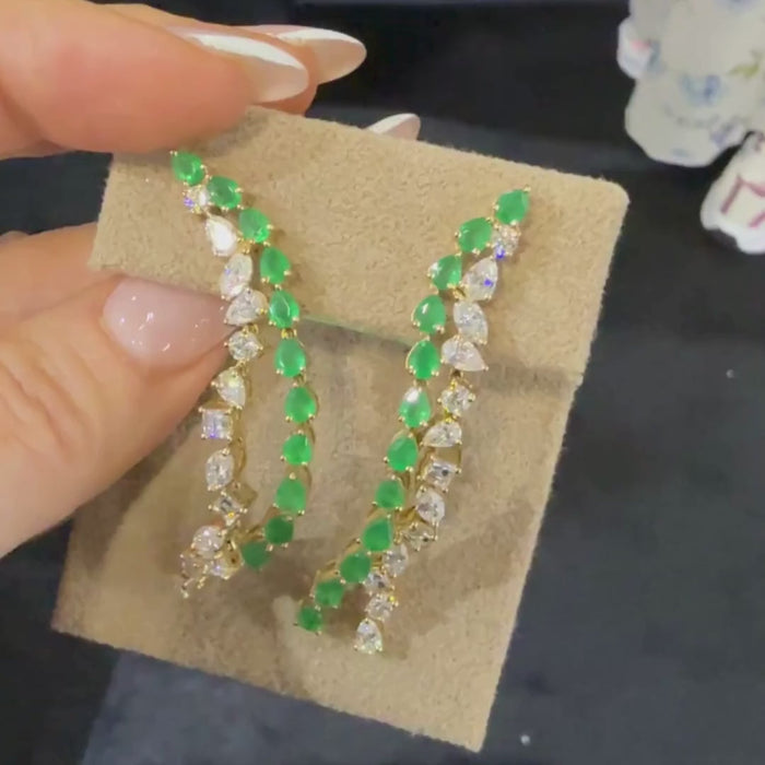 Emerald Diamond Leaf Curve Drop Earrings in 14K Yellow Gold