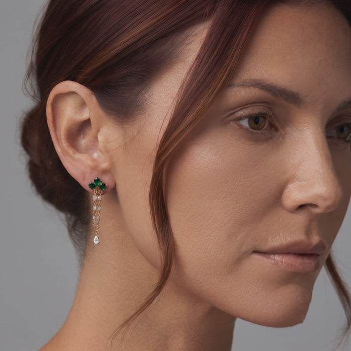 Emerald Cluster Chain Drop Earrings in 14K Yellow Gold