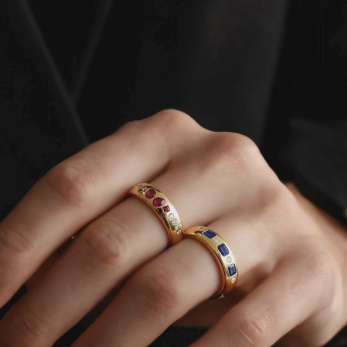 Emerald-Cut Blue Sapphire Diamond Band Ring in 14K Yellow Gold