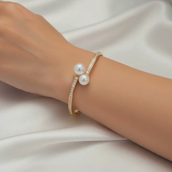 Double Pearl Diamond Open Bangle Bracelet in 14K Yellow Gold